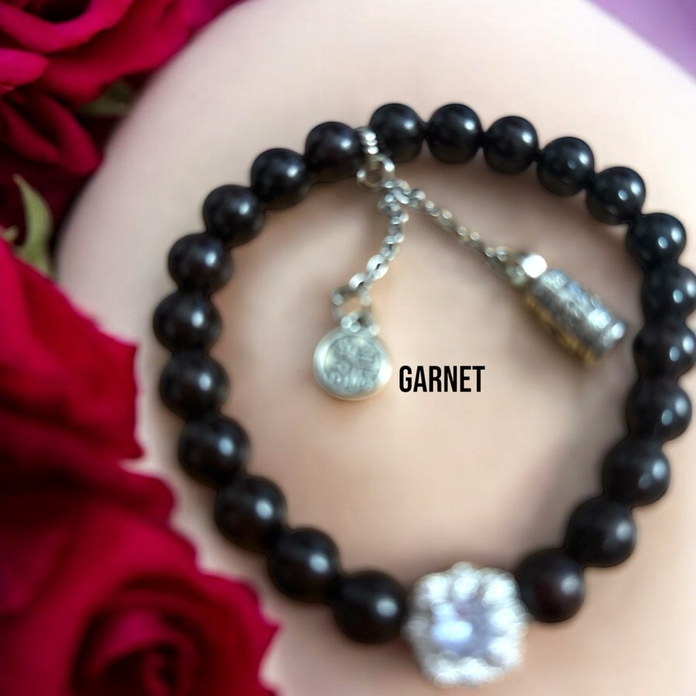 0211B Garnet Midnight Red Beaded Bracelet with Silver Charm